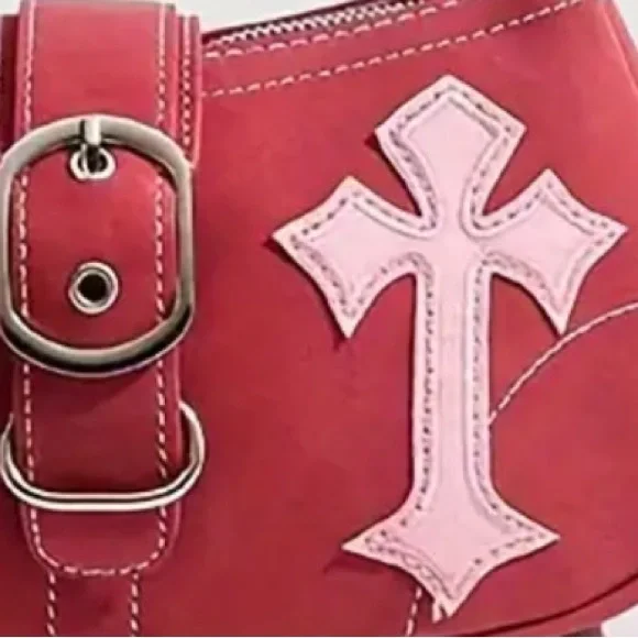 🆕 Y2K Style Satchel Handbag, Vegan Leather Bag -  Chain & Gothic Cross Accents - Picture 4 of 10
